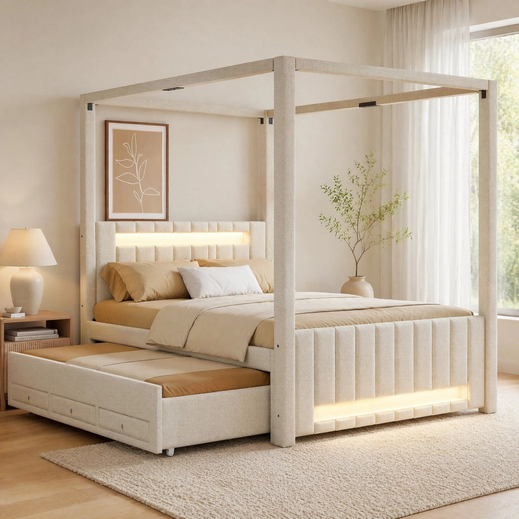 Letto a baldacchino imbottito 140x200 cm con letto estraibile; 3 cassetti; LED; beige