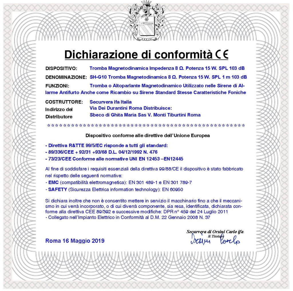 Tromba Magnetodinamica Esponenziale Impedenza 8 Ohm Potenza 15 W Ricambio Sirene Antifurto di Qualsiasi Marca Suoni Alta Frequenza da 1,3 ± 2 KHz 103 dB Magnete Ø 69 H 15 mm Misure L104XH79XP5 mm