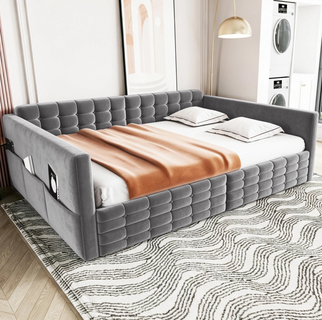 Letto imbottito matrimoniale 140x190 cm con contenitore; velluto grigio
