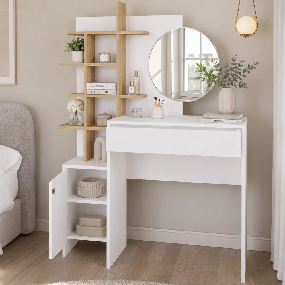 Toeletta Trucco 105x35x151 cm Postazione Make Up con Specchio Rotondo Bianco e Mensole Quercia