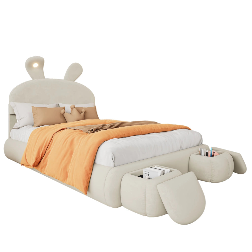 Letto imbottito 140x200 cm con contenitore e LED in velluto beige