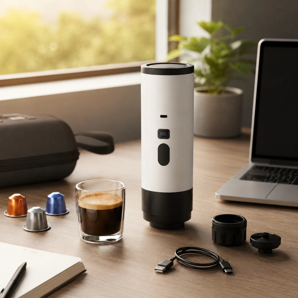 MACCHINA CAFFÈ ESPRESSO PORTATILE AUTOMATICA RICARICABILE CAPSULE E MACINATO