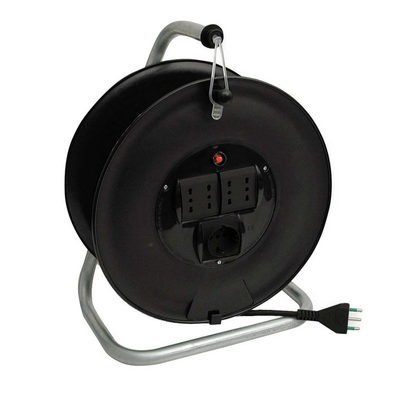 PROLUNGA ELETTRICA AVVOLGICAVO MT.25 CAVO 3X1,5 - 4 PRESE BIPASSO + SCHUKO CON CAVALLETTO