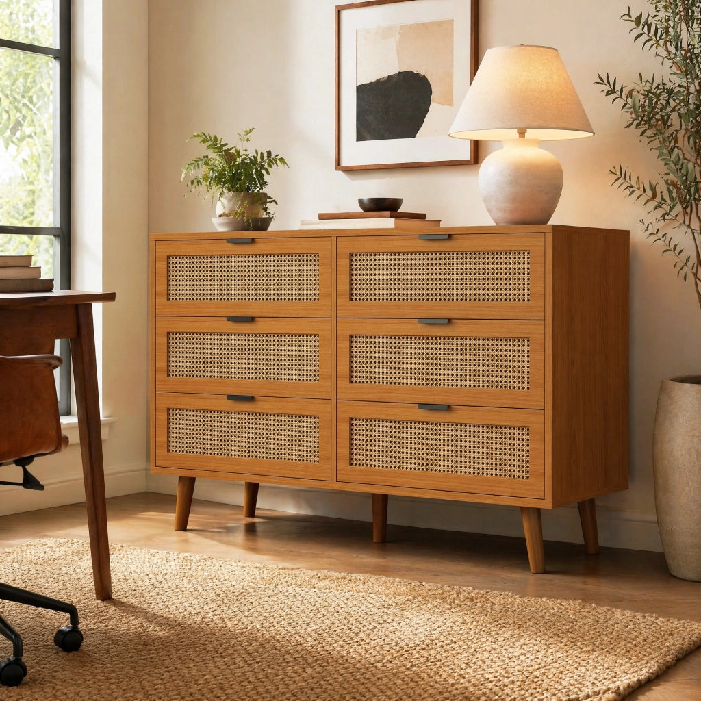 ?????ino a 6 cassetti in stile retrò con effetto rattan; 120 x 40 x 76;5 cm; noce