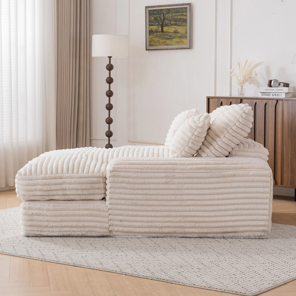 Chaise longue con 4 cuscini sfoderabili; schienale ergonomico e braccioli larghi in velluto a coste beige