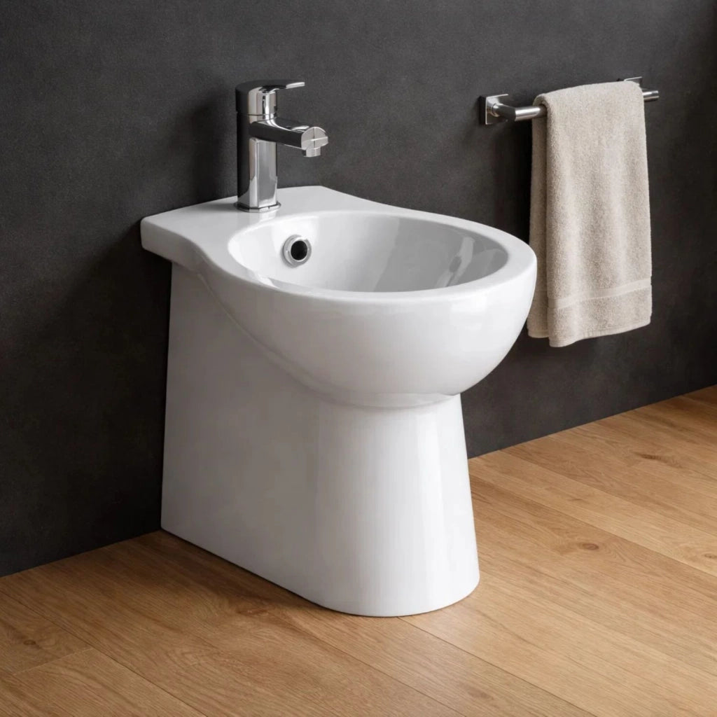 Bidet dark ceramica bianco lucido a pavimento elegante e moderno forma tondeggiante *** finitura- bianco, confezione 1