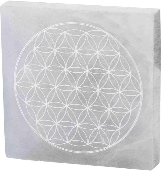 Piastra di ricarica quadrata - Selenite - Fiore di vita - Purificazione energetica - Ricarica di cristalli - Fatta a mano 10 x 11 cm - Piastra energetica