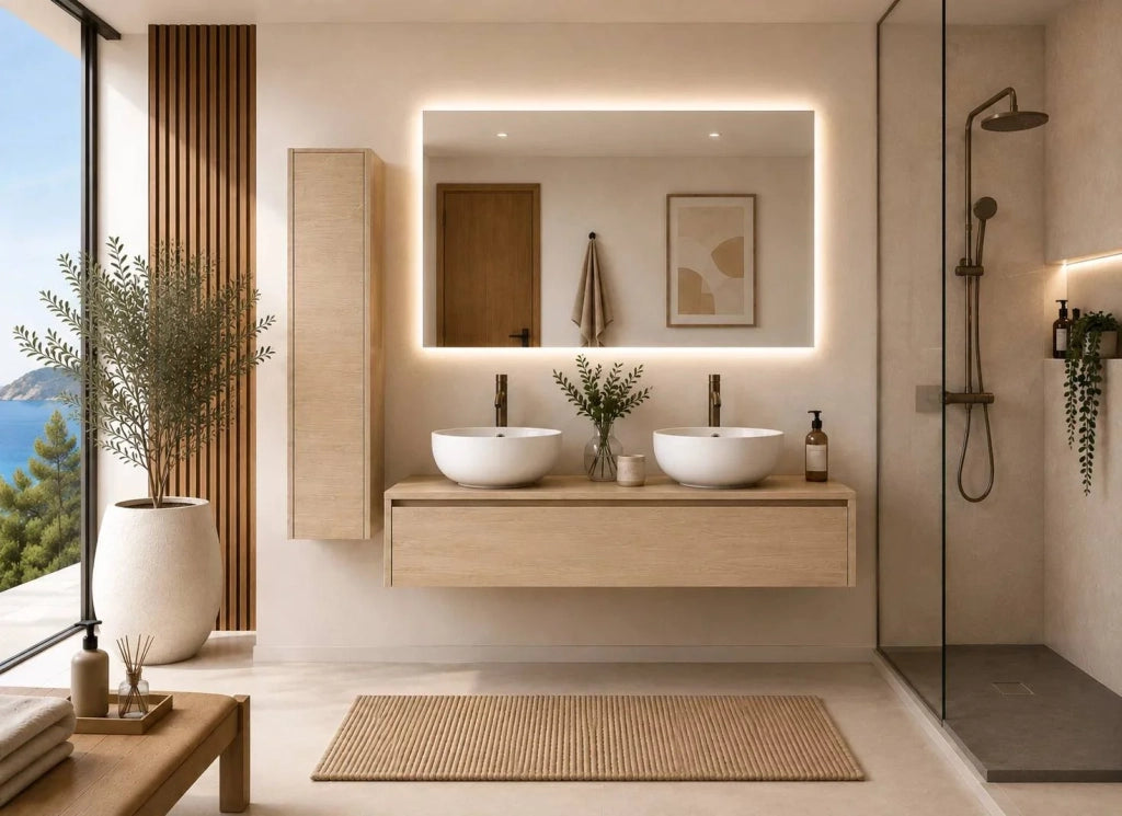 Mobile bagno componibile FORMENTERA con modulo da 120 cm, doppio lavabo e colonna, senza specchio