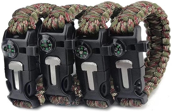 Cinturino di Emergenza - 4 x Corda Paracord - Camouflage Verde - 3,1 Metro - 240 kg di Resistenza - Adatto per Sport All'Aperto - Cinturino di Survival