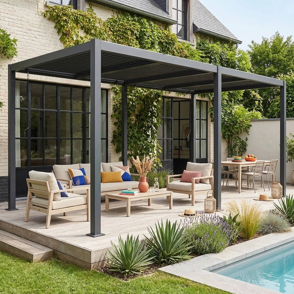 Pergola bioclimatica 3x6m in alluminio e acciaio, lamelle orientabili,