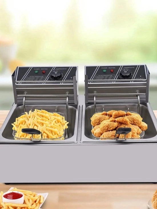 Friteuse Professionale - Capacità 12L - Regolazione della Temperatura - Riscaldamento Rapido - 2 Cesti e Coperture - Acciaio Inox