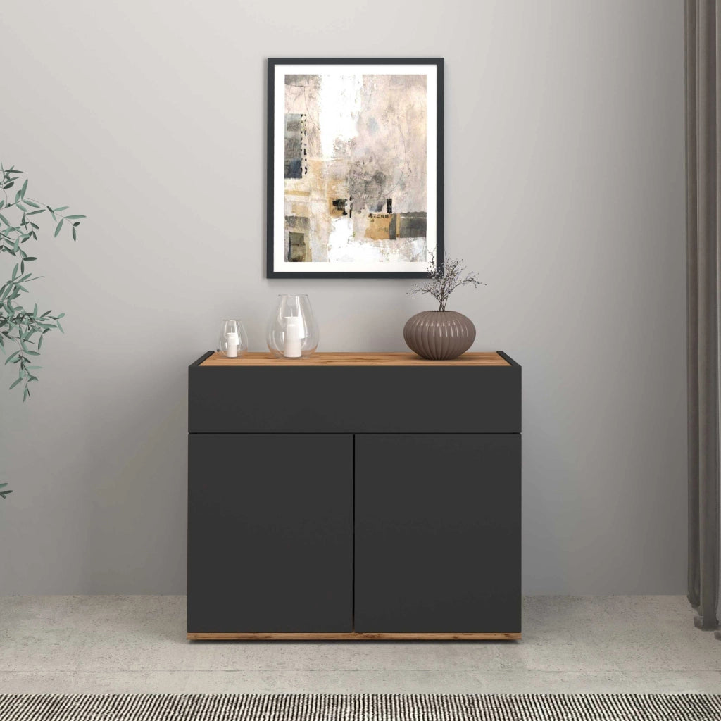 WHOUS Credenza Garda 2 ante e 1 cassetto antracite opaco e rovere 80,9x35x70 cm