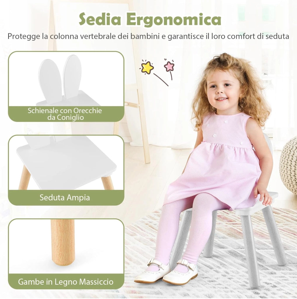 Set Tavolino Bambini con 2 Sedie a Coniglio, Set Tavolo e Sedie per Bambini con Gambe in Legno di Pino, per Bambini da 3 a 6 Anni, per Giocare, Disegnare e Leggere, Bianco
