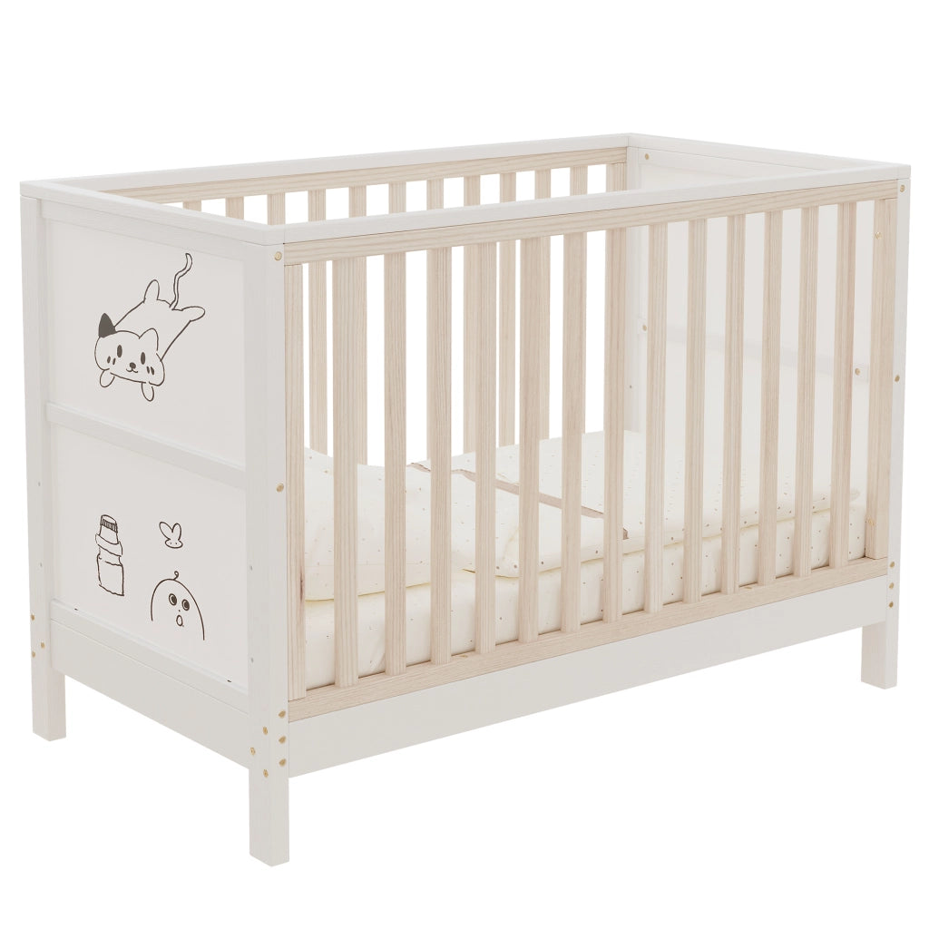 Letto bambino 120×60 cm con tavole da disegno e 3 altezze; trasformabile; senza materasso; legno naturale bianco