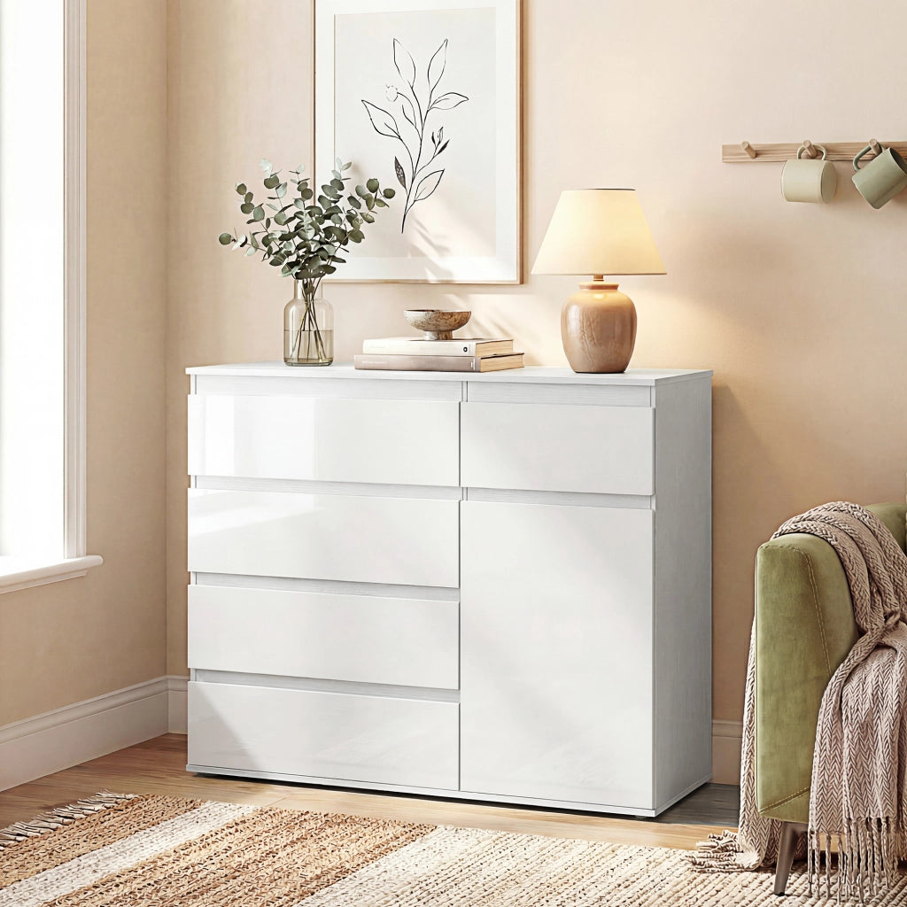 Sideboard con 5 cassetti e scaffale regolabile ¨C Minimal ¨C bianco lucido