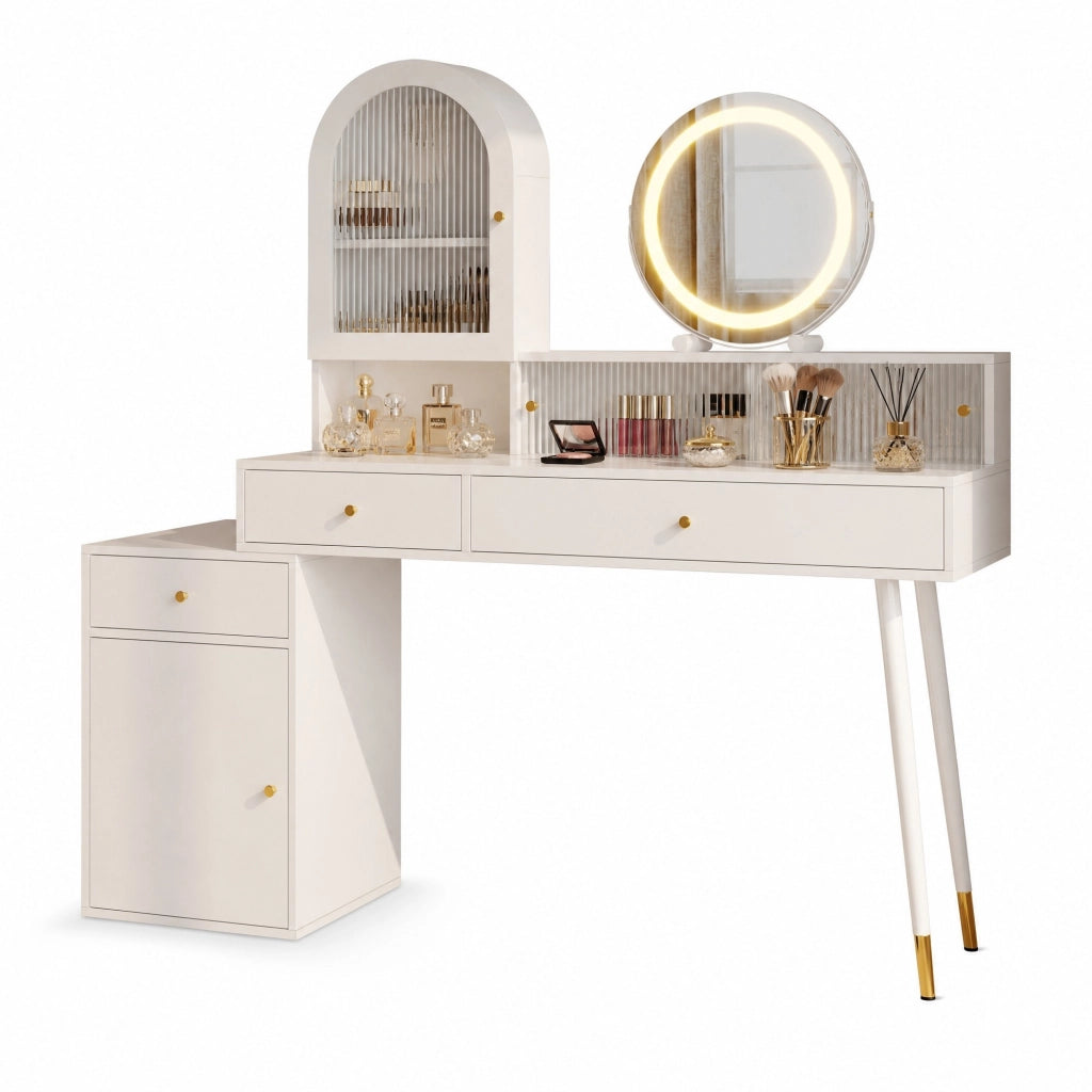 Tavolo da trucco moderno con specchio LED, 3 temperature di luce, prese USB e Type-C, 3 cassetti e ampio spazio contenitivo, bianco, 140 x 40 x 140 cm