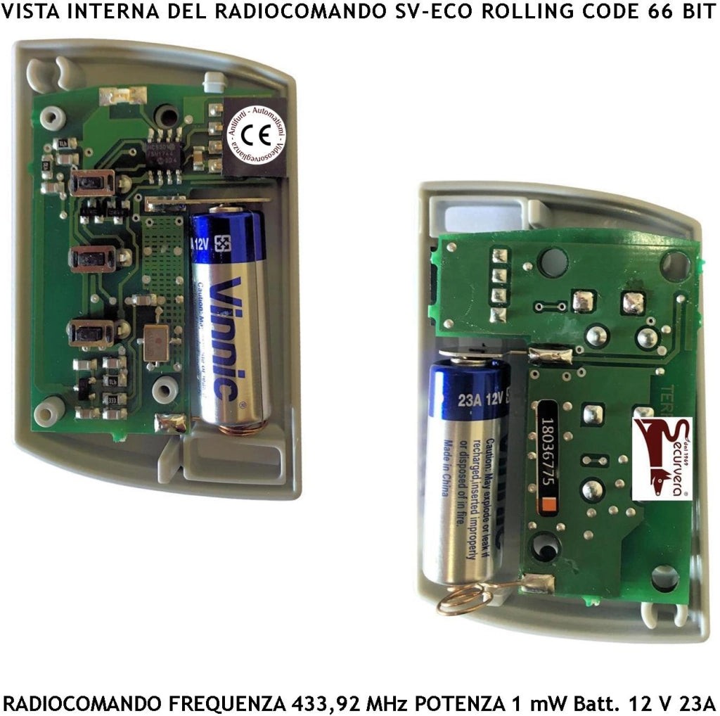 Radiocomando Cancello Automatico Frequenza 433,92 MHz 3 Canali Numerati Potenza 1 mW Portata Libera 60/100 MT Codice Sicurezza VDS Rolling Code 66 Bit Batteria 12 V 23A Contenitore ABS 3 Colori