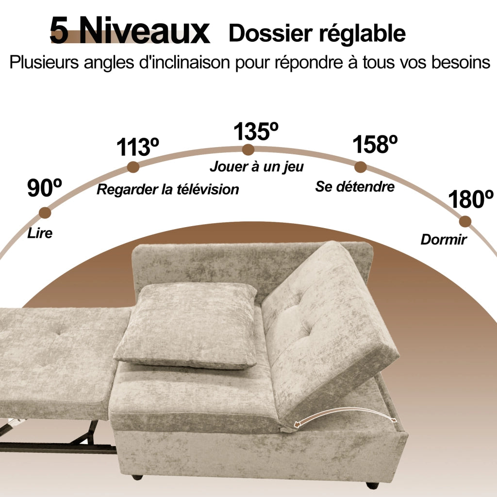 Divano Letto 3 In 1 con Schienale Regolabile 5 Posizioni e Cuscino Salvaspazio Imbottito Beige