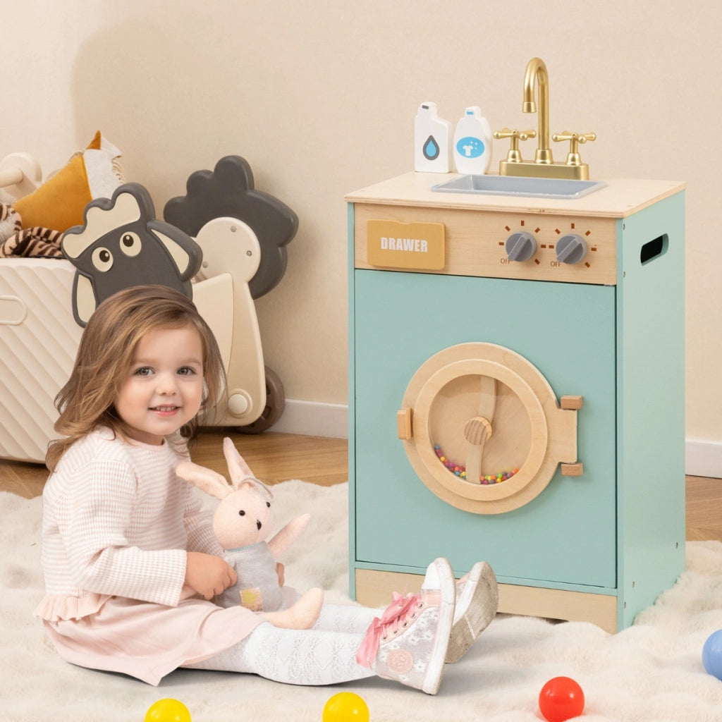 Set di gioco lavatrice bambini giocattolo lavatrice detersivo e igienizzante le mani, Giocattolo lavatrice set cucina in legno con lavabo Blu