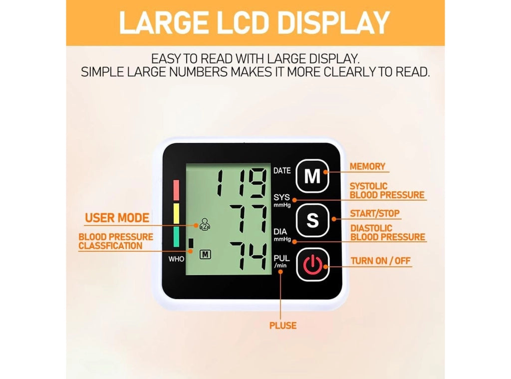 Misuratore Pressione Sanguigna Portatile da Polso Misurazione della Frequenza Cardiaca e Pulsazioni 99 Memorie, Aritmia, Display LCD, WHO