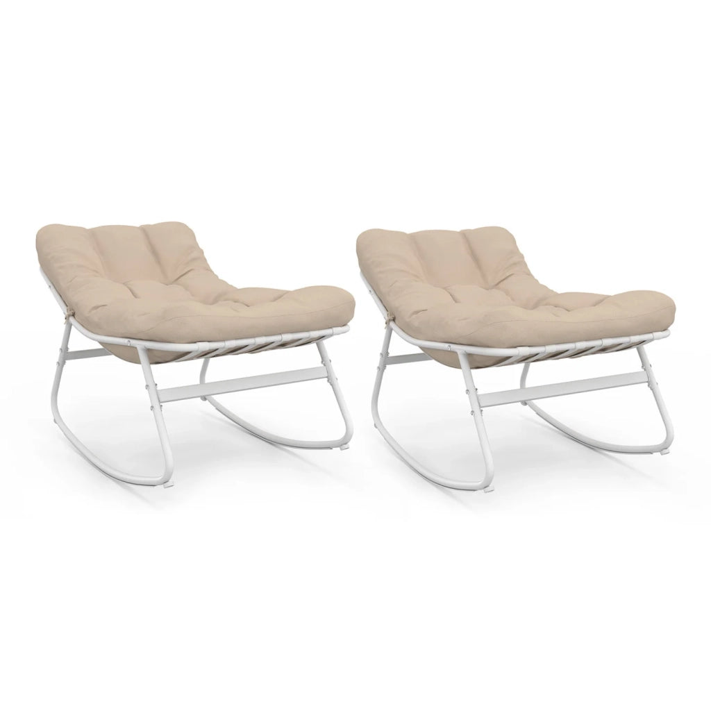 IDMarket - Set di 2 sedie a dondolo da giardino ARONA, bianche con cuscini beige