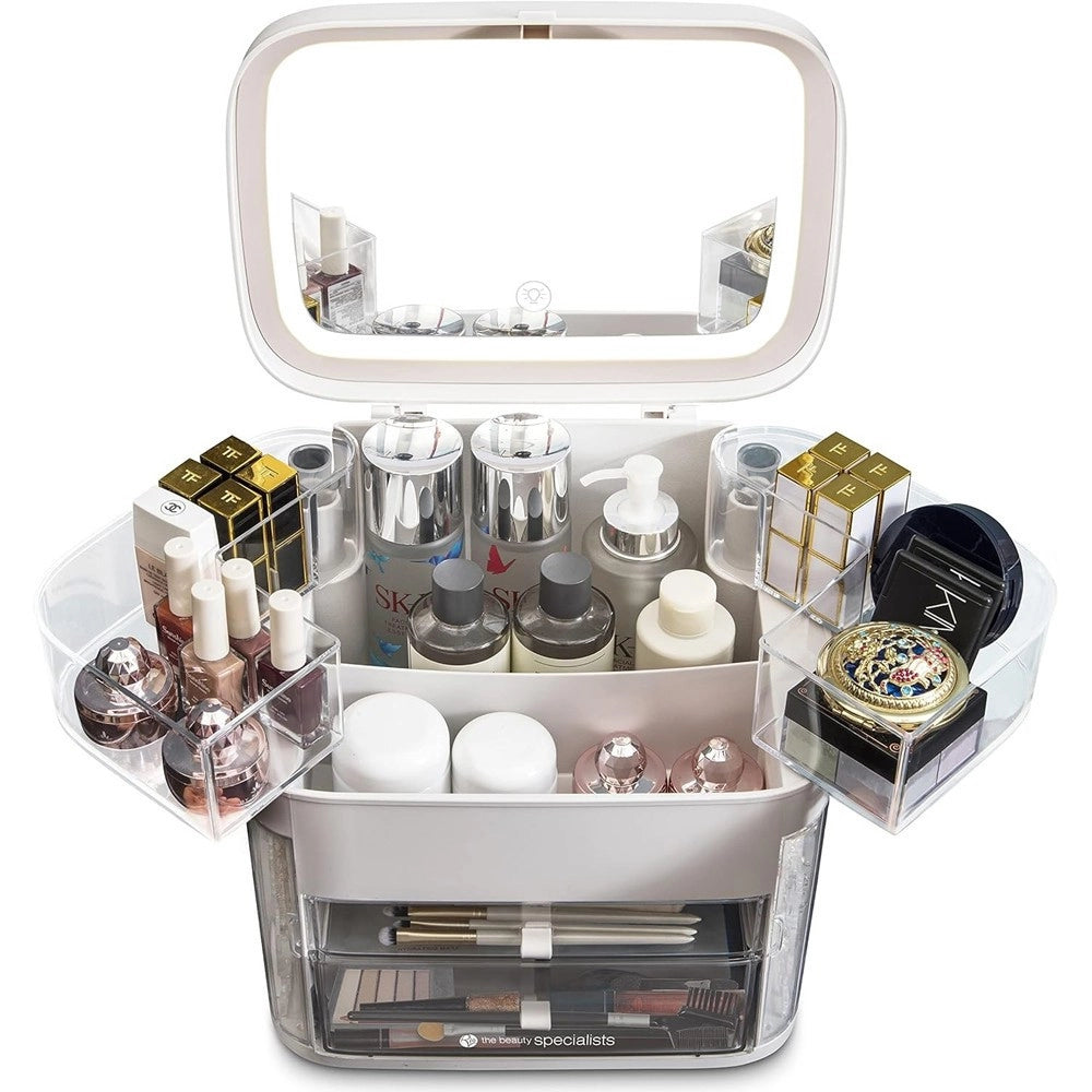 Trade Shop - Organizer Beauty Case Porta Trucco Accessori Gioielli Con Specchio Led Cassetti -