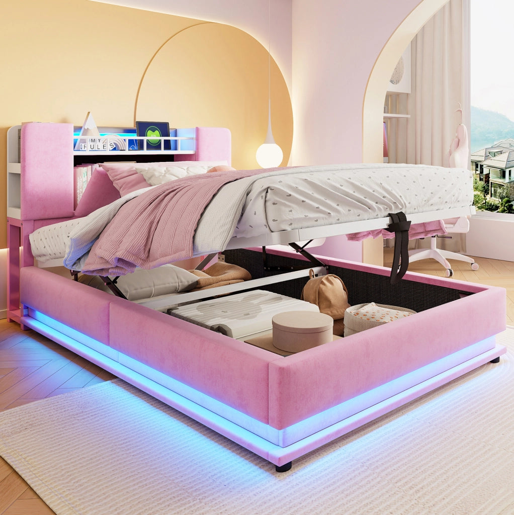 Letto imbottito 90x200 cm con LED; USB e contenitore in velluto rosa