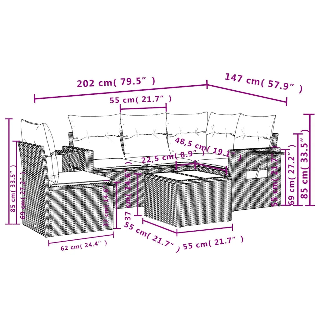 Set Divani da Giardino 6 pz con Cuscini Marrone in Polyrattan 3220183