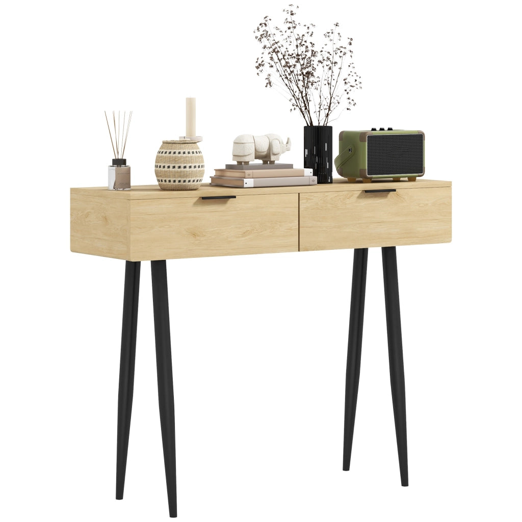 EasyComfort Consolle da Ingresso in Stile Nordico con 2 Cassetti in Legno e Acciaio, 100x30x80.5 cm, Rovere