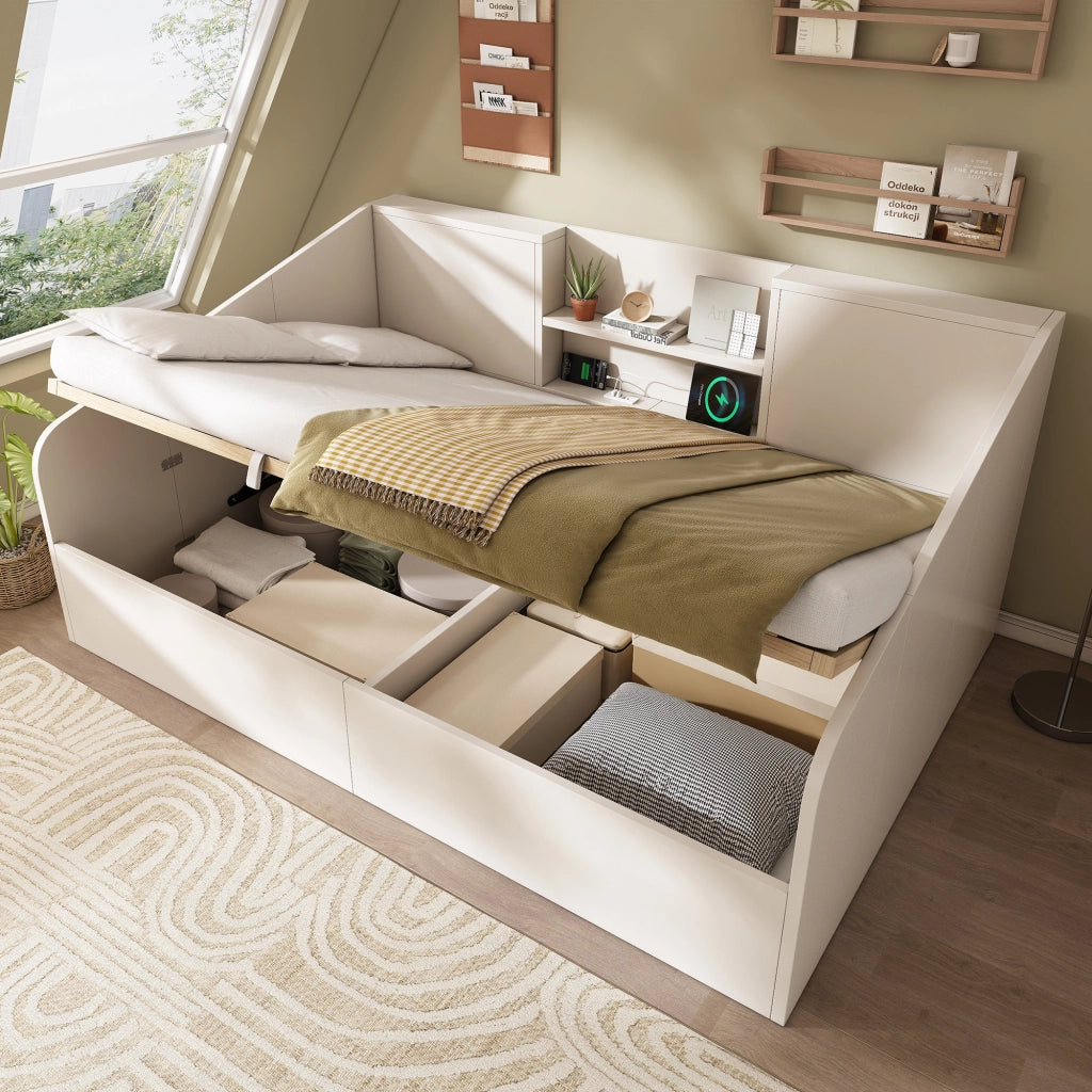 Lettino prendisole idraulico USB 140x190 cm in legno bianco