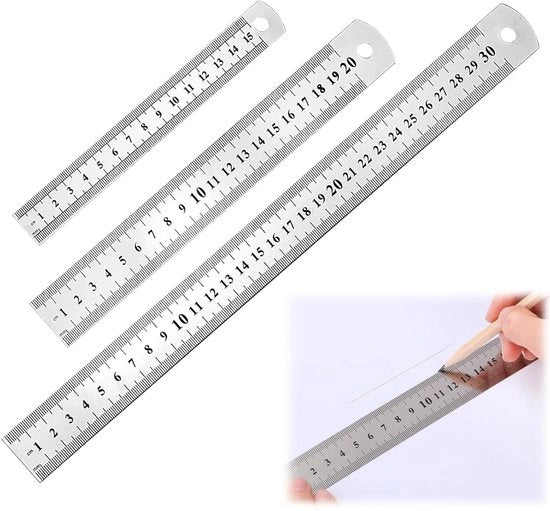 Set di Linea Metallica da 3 Pezzi - Linea RVS 15 cm, 20 cm, 30 cm - Scala a Doppia Faccia - Strumento di Misura per Scuola, Ufficio e Casa