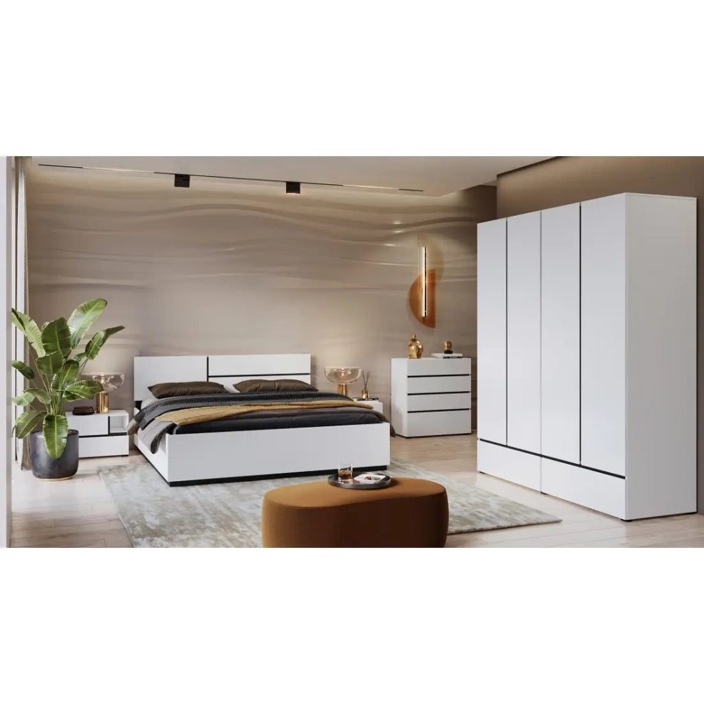 Camera completa HAVANA bianco e nero – Letto contenitore 180x200, armadio 4 porte, comodini e cassettiera
