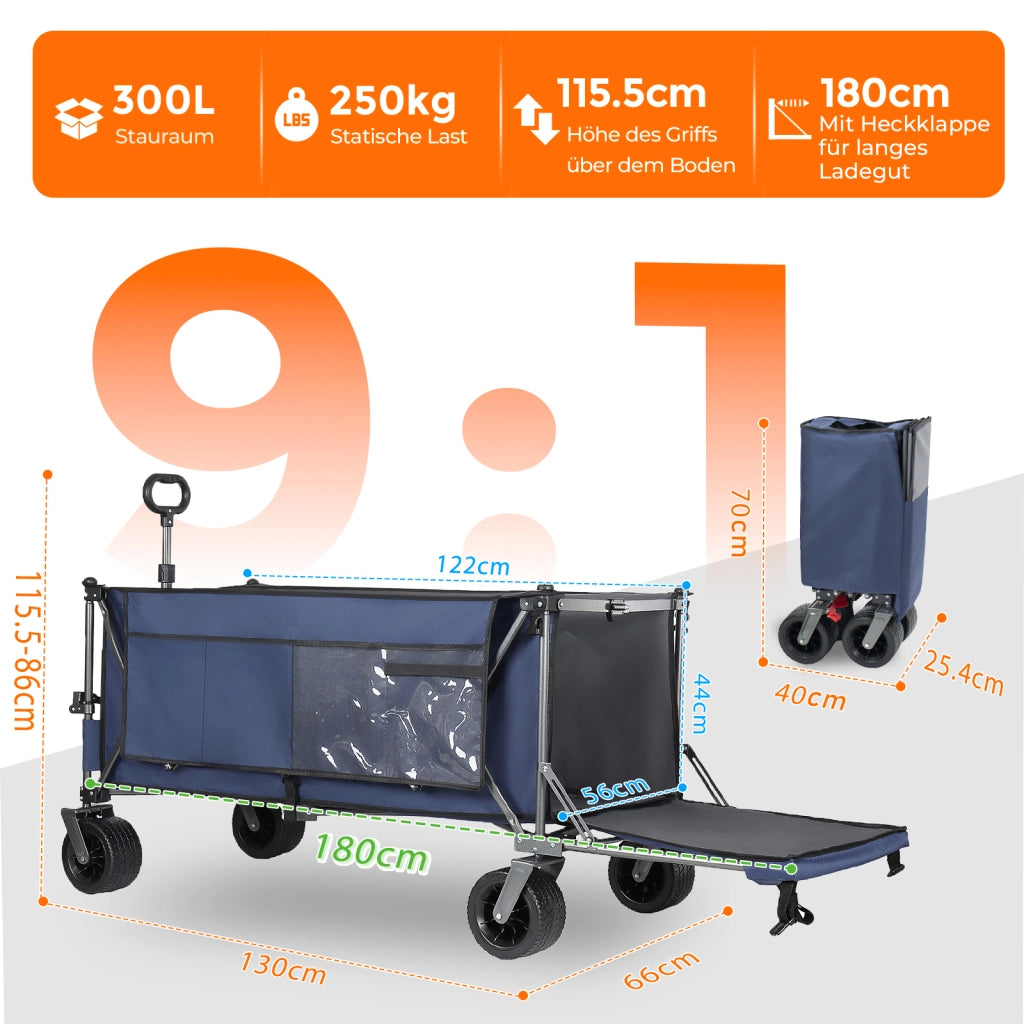 Carrello pieghevole con sponda estensibile in acciaio blu per giardino, spiaggia, camping e acquisti