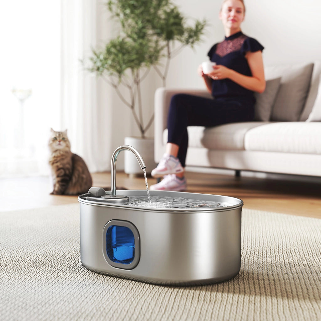 EasyComfort Fontanella per Gatto da 7L con Luce LED e Spazzola, in Acciaio Inox 304, 32x22.1x22.3 cm, Argento