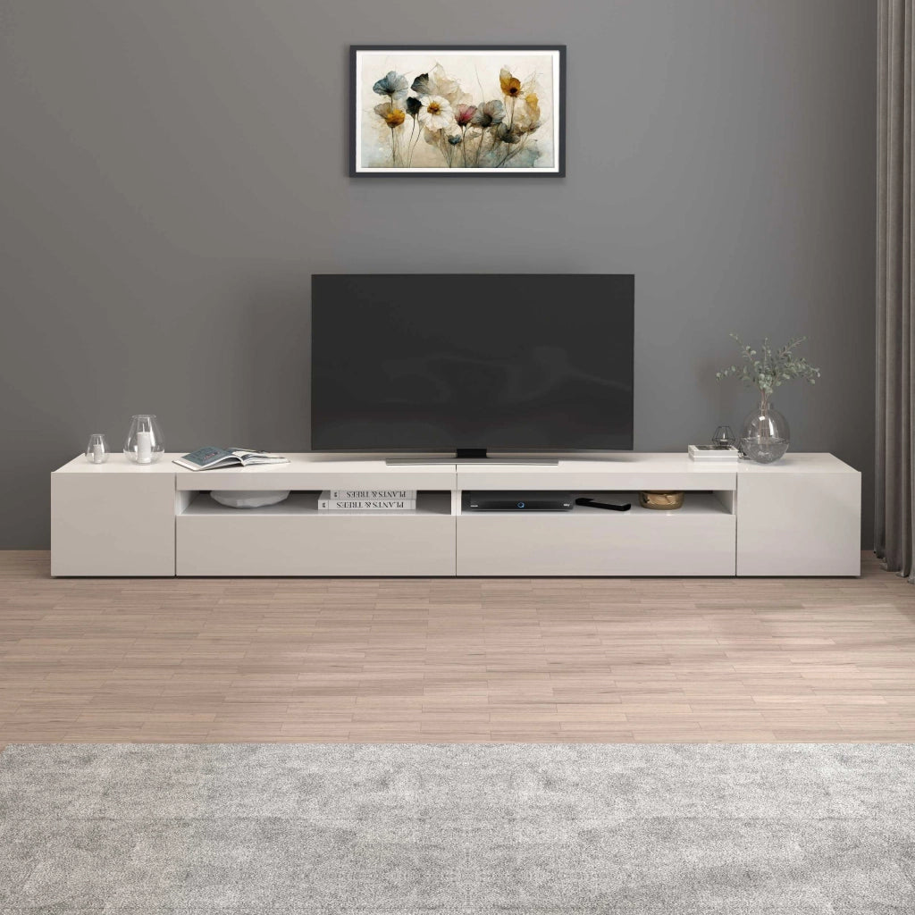WHOUS Mobile porta tv Potenza con 4 ante e 2 vani aperti bianco lucido 260x40x36 cm