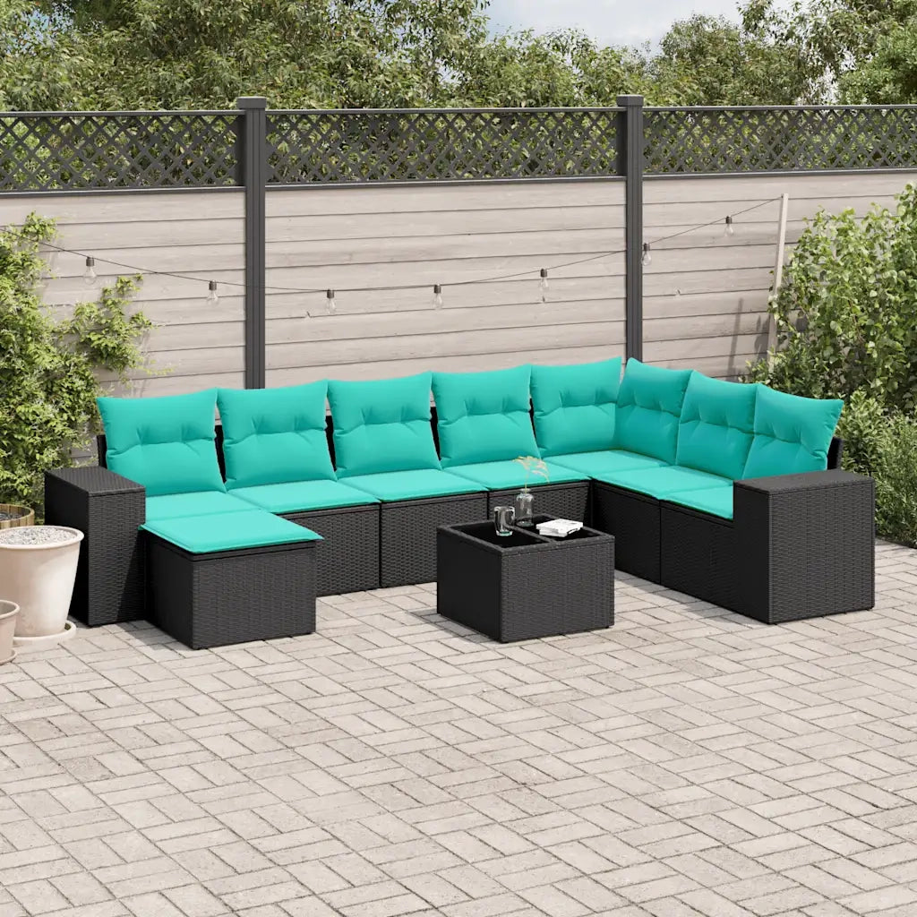 Set Divani da Giardino 9 pz con Cuscini Nero in Polyrattan 3222966