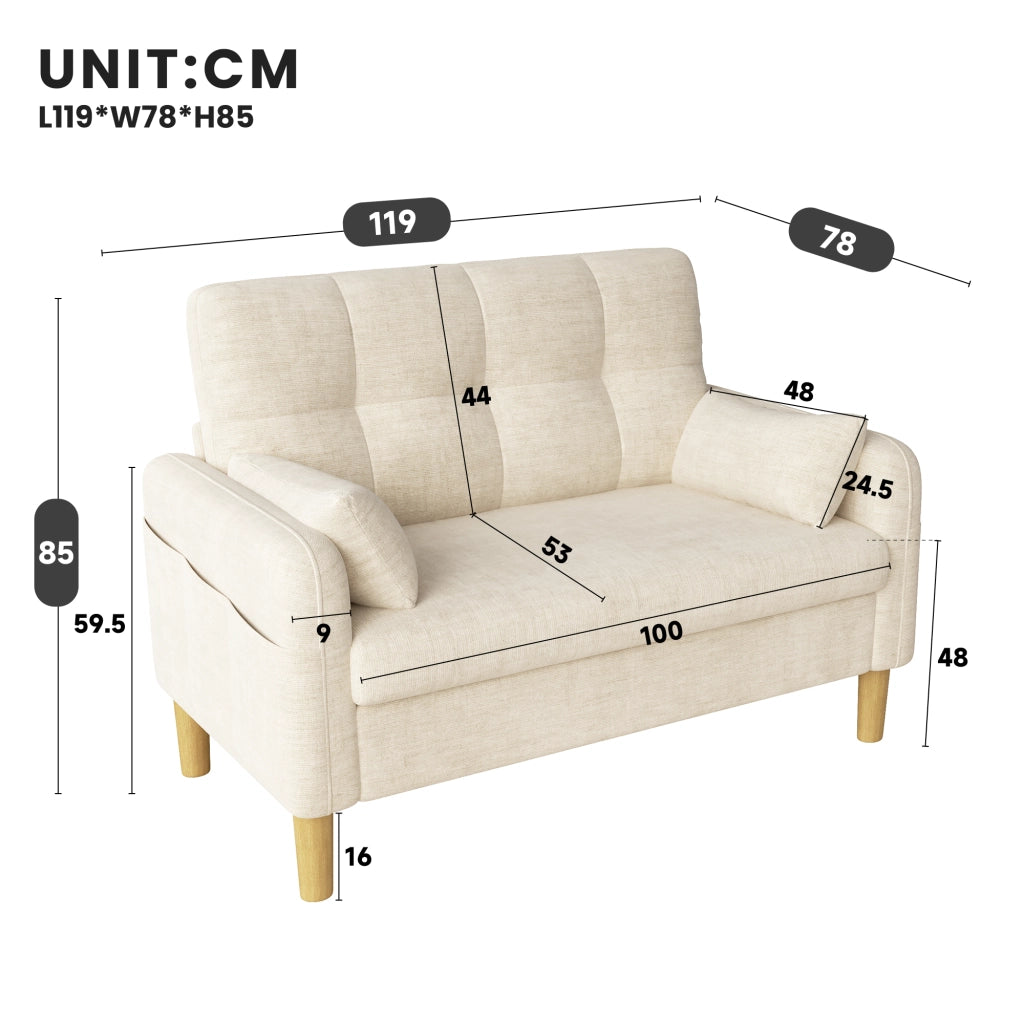 Divano 2 posti con cuscini e tasca laterale in chenille beige 119 × 78 × 85 cm