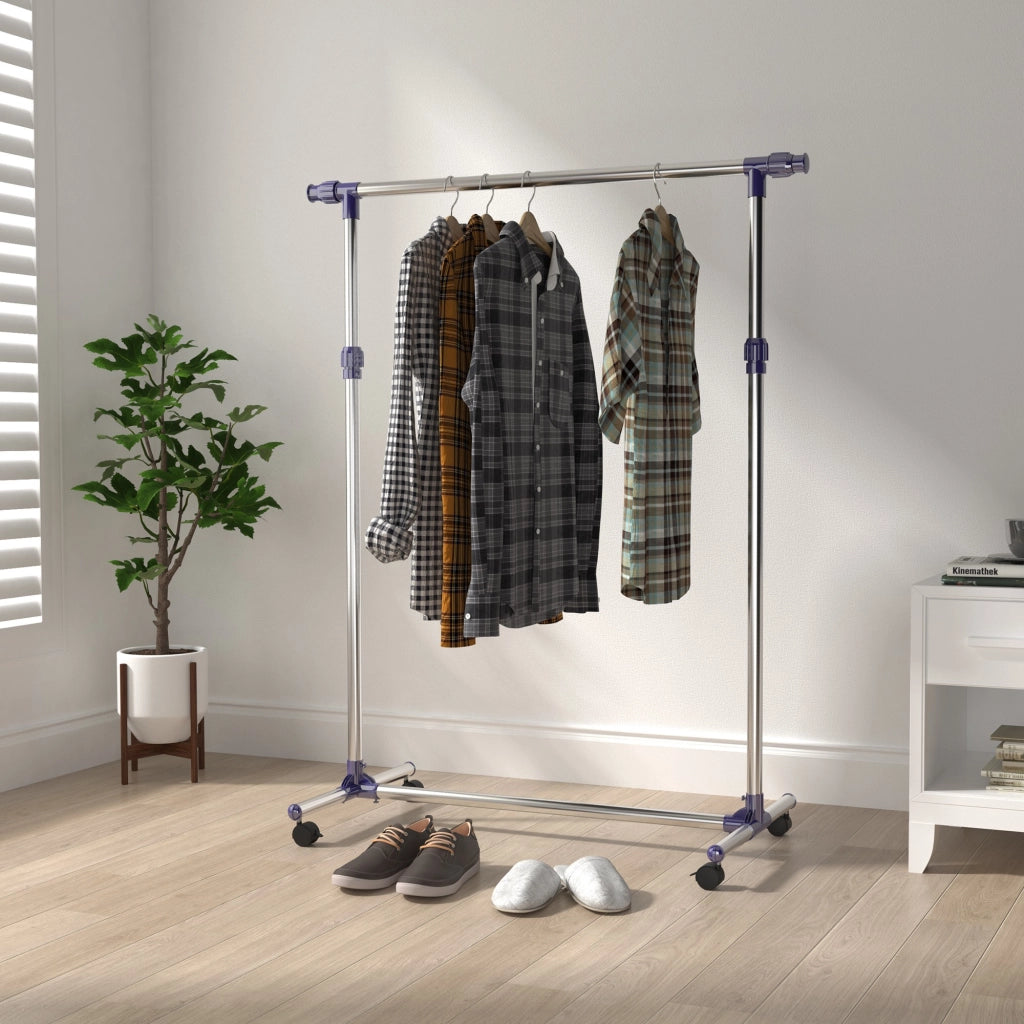 EasyComfort Appendiabiti Stender Porta abiti singolo per vestiti, in acciaio inox su ruote. Larghezza e altezza regolabili