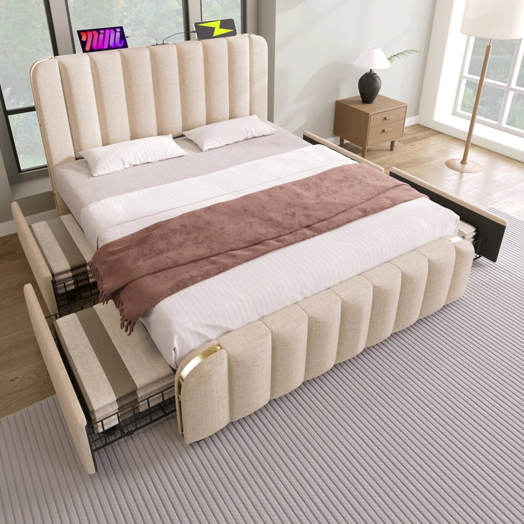 Letto matrimoniale imbottito 140x190 cm con 4 cassetti e porte USB/Type-C