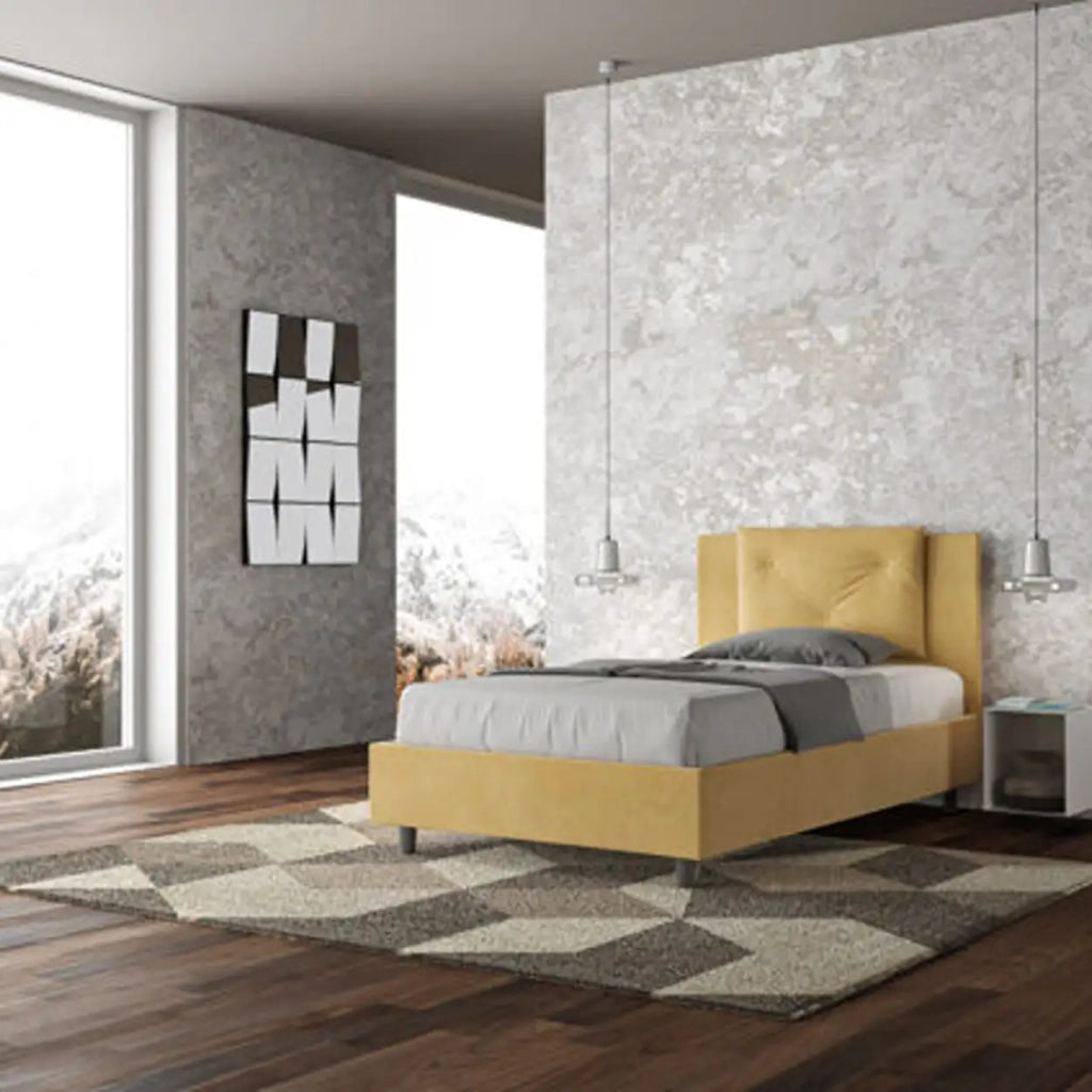 Letto una piazza e mezza contenitore imbottito 120x190 microfibra ocra Appia