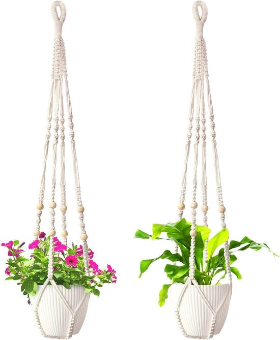 Due plantenhangers in macramé - decorazione bohemien con grani di legno - borse per piante in cotone a mano con catenella da appendere - senza pennelli - 80 cm