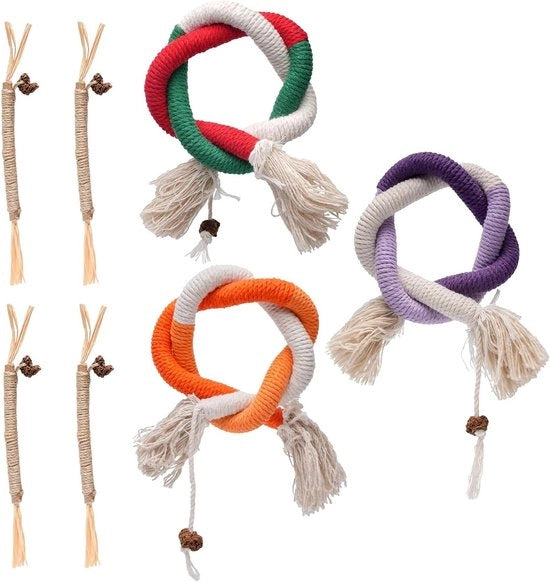 Attività interattiva per gatti - 3 giocattoli da mordere - corda da mordere 70 cm - 4 stecchi per gioco con erba da mordere 20 cm - stecchi da mordere per la cura dei denti dei gatti - attività per gatti
