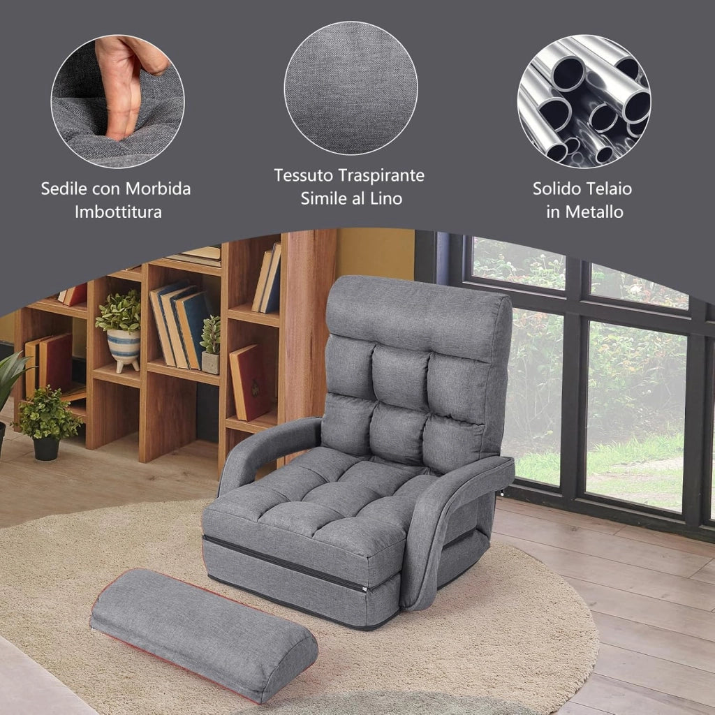 Poltrona Divano con 5 Livelli Regolabili, Sedia da Terra con Braccioli e Cuscino, Struttura in Acciaio, Multifunzione e Pieghevole per Soggiorno Camera da Letto, 55x66x71 cm (Grigio)