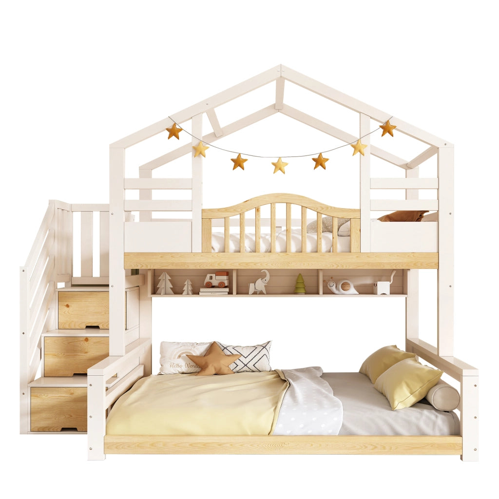 Letto a castello per bambini 90×200 cm e 140×200 cm con scaletta contenitore; ripiani e rete; senza materasso