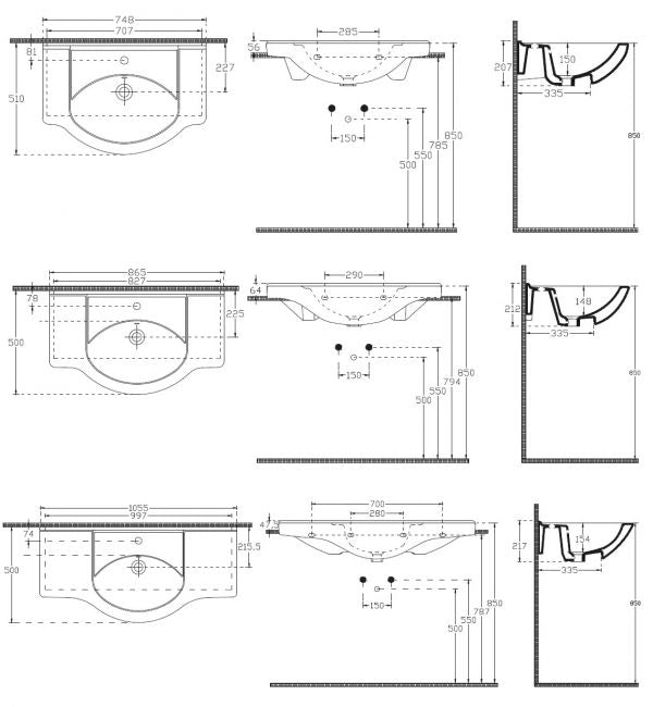 Lavabo a parete Consolle Universale 75 cm 85 cm 105 cm - Misura 85 cm