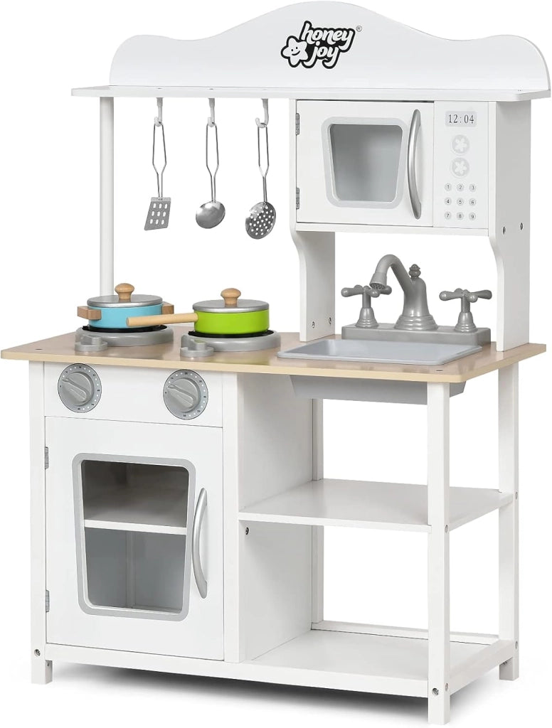 Cucina Giocattolo Per Bambini, Cucina di Legno con Accessori da Cucina, Set Cucina con Pentole e Utensili per Cucinare, Bianco