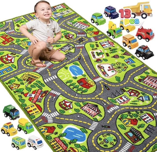 Set di auto a rimessa con 12 veicoli | Set di veicoli a rimessa per bambini | Età 3+ | Tappeto di gioco per bambini | Giocattoli di città per bambini
