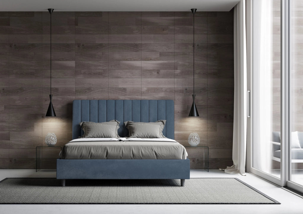 BS COM Letto matrimoniale senza rete imbottito 160x200 microfibra blu