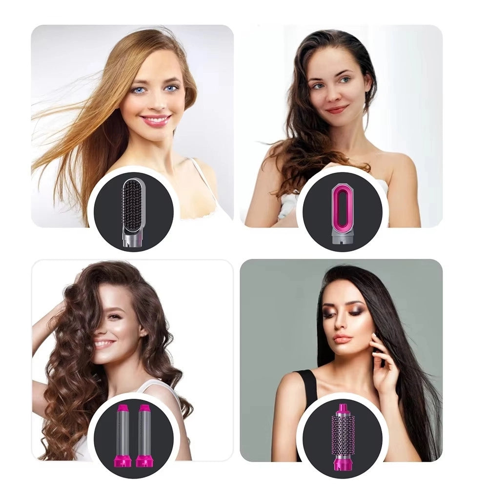 Trade Shop - Asciugacapelli 5 In 1 Set Spazzole Capelli Pettine Ad Aria Calda Arricciacapelli -