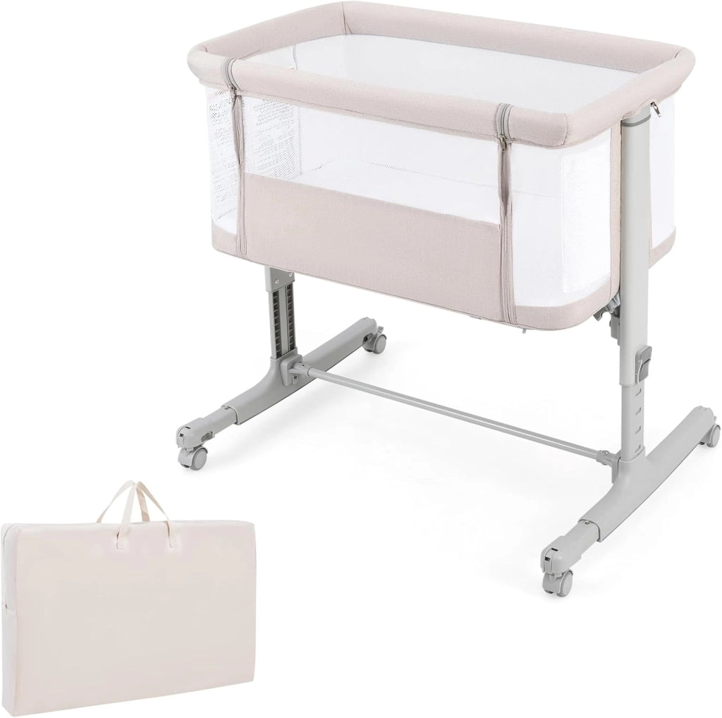 3 in 1 Culla Neonato Fianco Letto, Lettino Neonato Dondolo con Materasso, Culla Co-Sleeping Fino a 9 kg, Altezza Regolabili, 84 x 59,5 x 80,5cm (Beige)